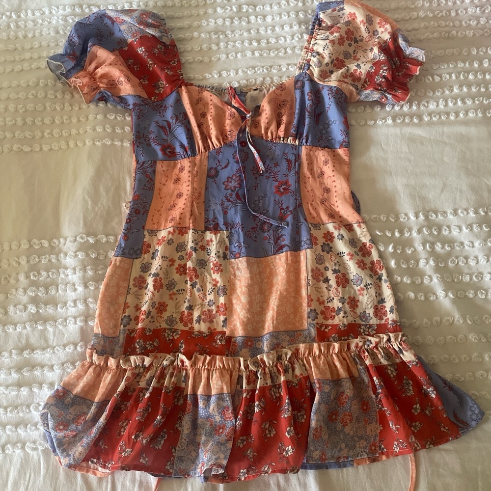 Floral Patchwork Dress with Puff Sleeves